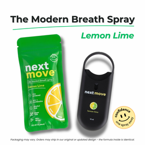Next Move Lemon Lime breath spray 10ml bottle, zinc and pre + postbiotic formula