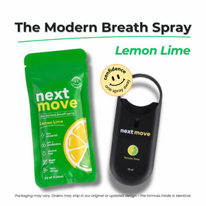 Next Move breath spray flavor comparison showing Arctic Mint, Watermelon Ice, Mango Ice, Lemon Lime, Grape Ice