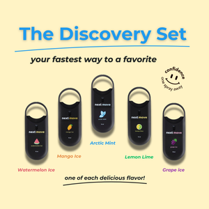 Next Move breath spray lifestyle photo showing all five flavors