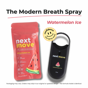 Next Move breath spray bottle detail showing 180 plus sprays per bottle