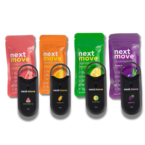 Next Move breath spray showing alcohol-free and sugar-free badge details