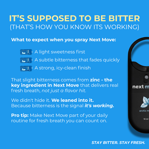 Next Move breath spray flat lay product shot on clean background