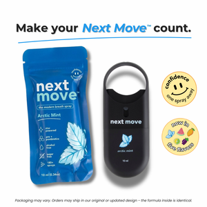 Next Move breath spray bottle featuring zinc and pre + postbiotic formula, alcohol-free and sugar-free